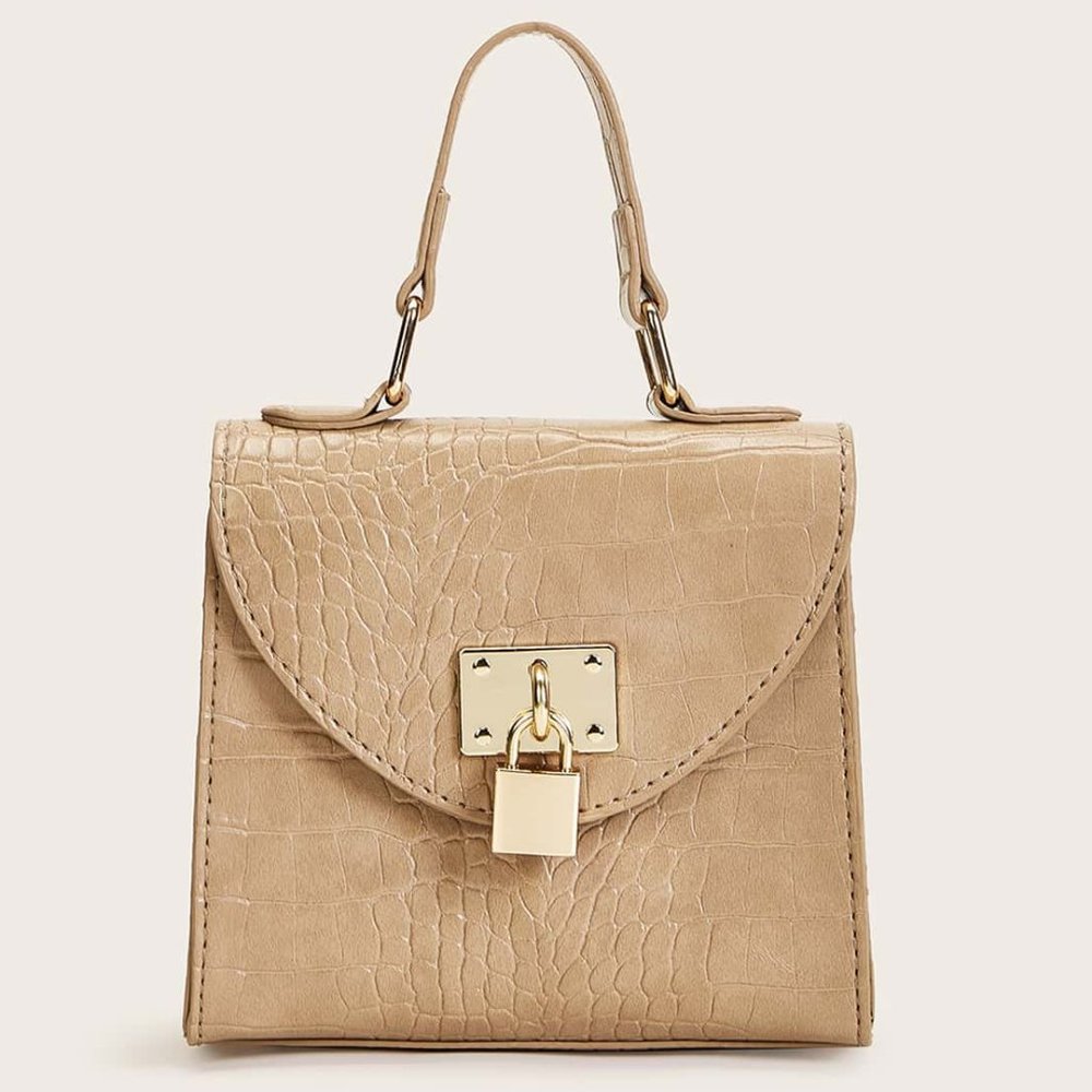 Beige Croc Mini Satchel 👜 Chain & Top Handle Bag ✨ Metal Lock Chic